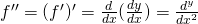 f''=(f')'=\frac{d}{dx}(\frac{dy}{dx})=\frac{d^{y}}{dx^{2}}