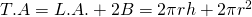 T.A=L.A.+2B=2\pi rh+2\pi r^{2}