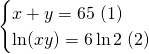 \begin{cases}{}x+y=65 \; (1)\\\ln(xy)=6\ln2 \; (2)\end{cases}