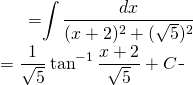 \begin{equation*} \begin{split} \displaystyle \int \frac{dx}{x^{2}+4x +9} }&={\displaystyle \int \frac{dx}{(x+2)^{2}+(\sqrt{5})^{2}} }\\ &={\displaystyle \frac{1}{\sqrt{5}} \tan^{-1} \frac{x+2}{ \sqrt{5}}+C} \end{split} \end{equation*}